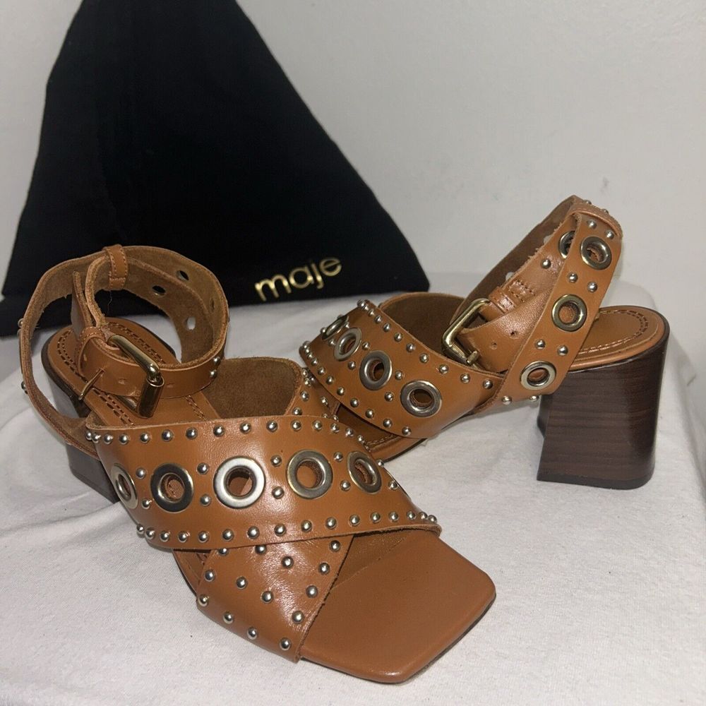 Size 36/5.5 MAJE‎ Brown Leather Wrap Sandals Shoes With Gold Studs